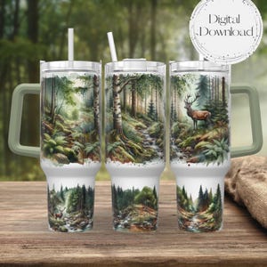 Deer Forest Watercolor Outdoors 40oz Tumbler Wrap - Tumbler Design Sublimation Designs Download PNG Sublimation Tumbler with Handle Wrap