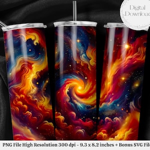 May include: Three stainless steel tumblers with a colorful abstract design featuring swirling red, orange, yellow, blue, and purple hues against a dark background. The design resembles a galaxy or nebula.
