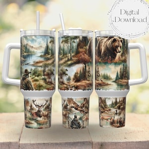 Hunting and Fishing 40oz Tumbler Wrap - Outdoor Lover  Dad Fathers Day Sublimation Designs Download PNG Tumbler with Handle Wrap