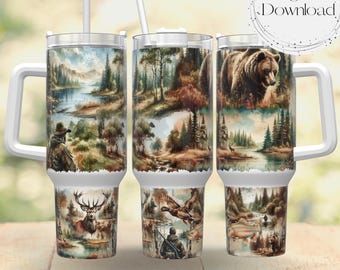 Hunting and Fishing 40oz Tumbler Wrap - Outdoor Lover  Dad Fathers Day Sublimation Designs Download PNG Tumbler with Handle Wrap