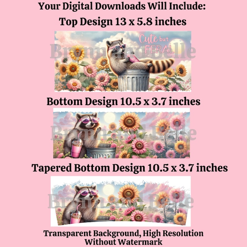 cute but feral raccoon sipping pink iced coffee drink watercolor raccoon in sunglasses pink and yellow sunflowers cute but feral seamless tumbler wrap for 40 oz tumbler wrap design for 40 ozs tumbler designer