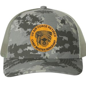 May include: A digital camouflage baseball cap with a mesh back and a circular patch. The patch features a Native American chief graphic, the words "US Air Force Retired", and "Chief Master Sergeant". The cap is in shades of gray and green.