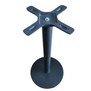 May include: A black metal table base, featuring a circular base and a central column leading to a four-pronged top. This base is designed to support a tabletop, suitable for various settings.