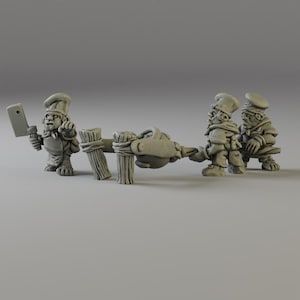 Peut inclure: Un ensemble de quatre figurines miniatures représentant un chef avec un couperet, deux ouvriers tirant sur une corde et un poteau en bois. Les figurines sont en plastique gris et mesurent environ 5 cm de haut.