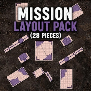 May include: A mission layout pack containing 28 pieces of tabletop gaming terrain. The set features various rectangular and square tiles with a grid pattern, coloured in light beige with purple accents, depicting damaged floor sections for miniature games.
