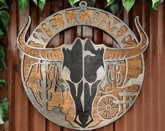 Longhorn Skull Welcome Sign: Rustic Laser Cut Wood Western Decor