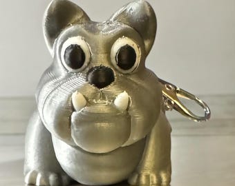 3D Printed Bulldog Keychain – Silver-Gray PLA Plastic Dog Charm