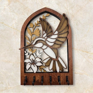 Hummingbird Key Holder: Hand-Painted Floral Wood Wall Organizer
