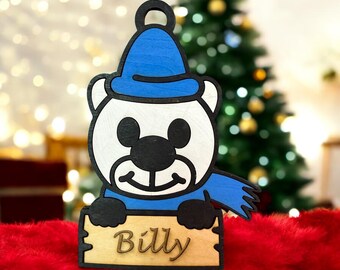 Personalized Polar Bear Ornament: Hand-Painted Wood Christmas Decoration