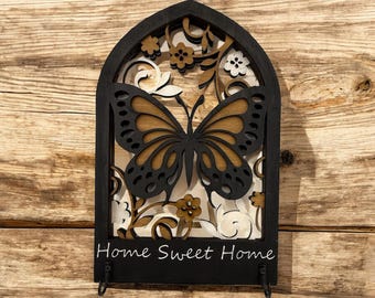 Butterfly Key Holder: Personalized "Home Sweet Home" Laser Cut Wood Wall Organizer