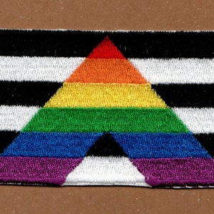 May include: A black and white striped patch with a rainbow triangle in the center. The triangle has red, orange, yellow, green, blue, and purple stripes.