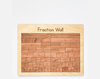 May include: A wooden fraction wall educational board featuring the text Fraction Wall at the top. The board contains rows of rectangular wooden tiles representing fractions from one whole down to one-tenth, with each tile clearly labelled with its value.