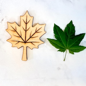 Wooden maple puzzle piece beside a real green maple leaf on a marble surface, showing the laser-engraved vein detail and lifelike lobed shape.