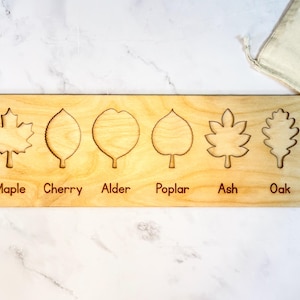 Empty leaf puzzle board showing six leaf-shaped recesses with engraved name labels - maple, cherry, alder, poplar, ash, oak - in neutral Baltic birch beside a muslin bag.