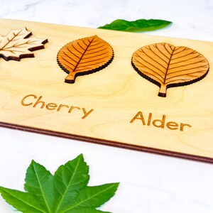 Close-up of the maple, cherry, and alder puzzle pieces in a neutral Baltic birch board, each leaf laser-engraved with realistic veins above its engraved name label.