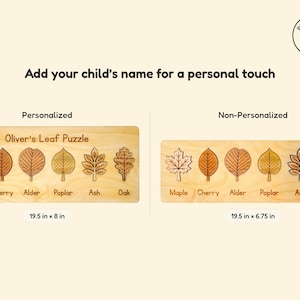 Size comparison graphic for the Montessori leaf puzzle: personalized board engraved 'Oliver's Leaf Puzzle' at 19.5 x 8 in beside the non-personalized 19.5 x 6.75 in version, each with six labeled maple, cherry, alder, poplar, ash, and oak leaves.