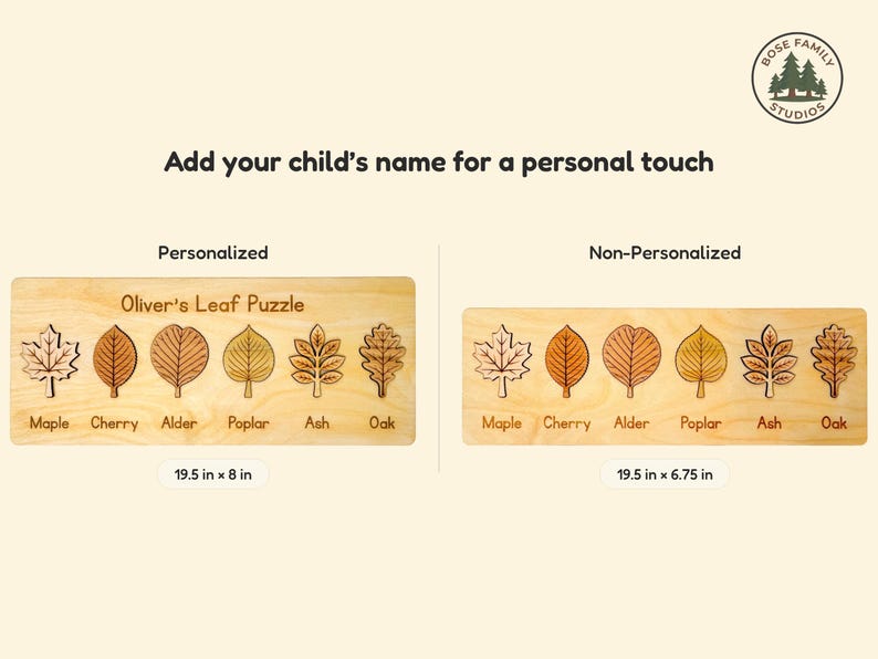 Size comparison graphic for the Montessori leaf puzzle: personalized board engraved 'Oliver's Leaf Puzzle' at 19.5 x 8 in beside the non-personalized 19.5 x 6.75 in version, each with six labeled maple, cherry, alder, poplar, ash, and oak leaves.