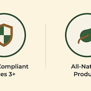 Four circular trust badges for Bose Family Studios: pine tree logo badge reading 'Handmade in Portland, OR,' green-and-cream shield icon for 'CPSC Compliant Ages 3+,' leaf icon for 'All-Natural Products,' and heart icon for 'Made with Love.'