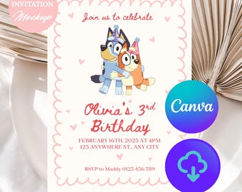 Pink Bluey Birthday Invitation: Editable Canva Template (Digital Download)