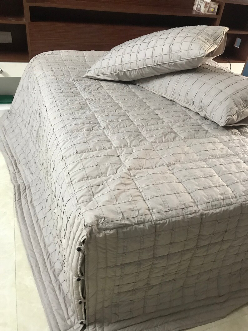 Custom Order King Size Quilt Grey Linen Bedding with Geometric Stitching Apartment Decor Fitted Sheet Set Handmade Unique image 4