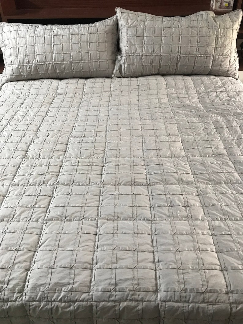 Custom Order King Size Quilt Grey Linen Bedding with Geometric Stitching Apartment Decor Fitted Sheet Set Handmade Unique 96x110 inches