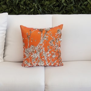 Orange Gold Sequin Silk Pillow - Handmade Contemporary Home Decor