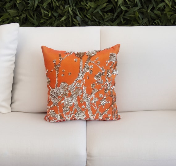 Orange Gold Sequin Silk Pillow Handmade Contemporary Home Decor Etsy