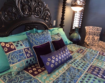 Indian bohemian embellished bedding set Embellished bedding set luxury vibrant colorful bedding set beaded bedding set eclectic decor style.