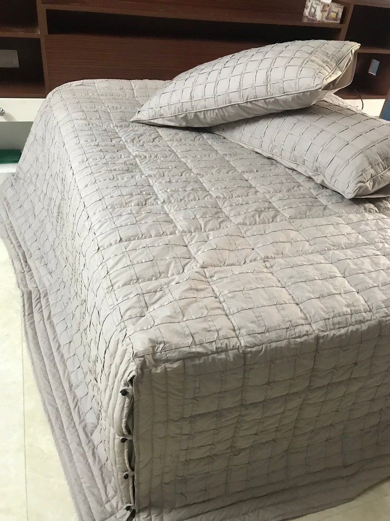 Custom Order King Size Quilt Grey Linen Bedding with Geometric Stitching Apartment Decor Fitted Sheet Set Handmade Unique 102x116 inches