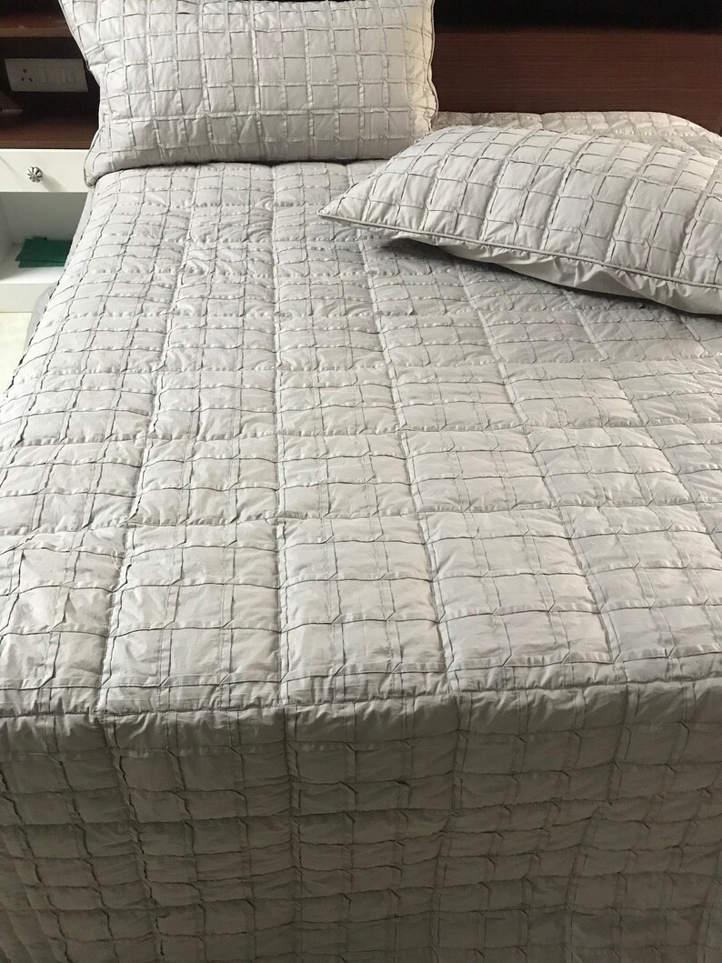 Custom Order King Size Quilt Grey Linen Bedding with Geometric Stitching Apartment Decor Fitted Sheet Set Handmade Unique 90x108 inches