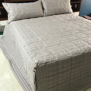 Custom Order King Size Quilt Grey Linen Bedding with Geometric Stitching Apartment Decor Fitted Sheet Set Handmade Unique image 1