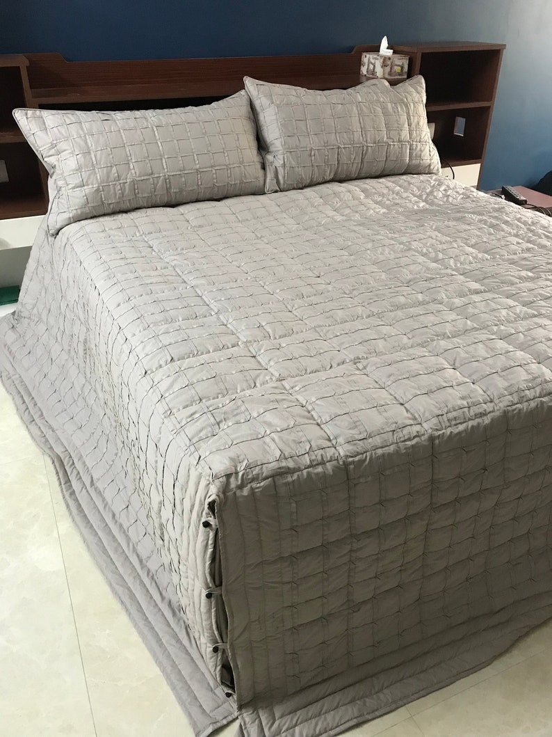 Custom Order King Size Quilt Grey Linen Bedding with Geometric Stitching Apartment Decor Fitted Sheet Set Handmade Unique image 1