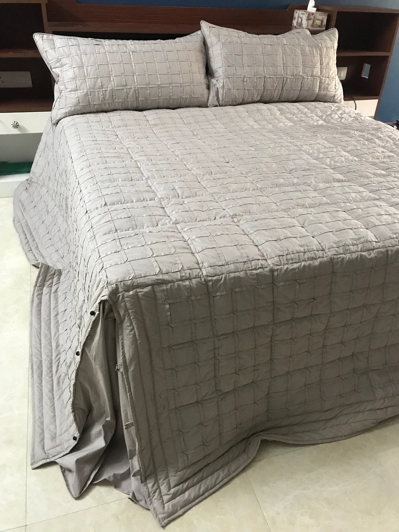 Custom Order King Size Quilt Grey Linen Bedding with Geometric Stitching Apartment Decor Fitted Sheet Set Handmade Unique image 5