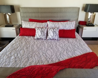 Customized White Silk Bedding Set -Quilted Coverlet,King Pillow Covers, Beaded Pillows,Sequins Throw Cushion Covers,Red Silk Taffeta Blanket