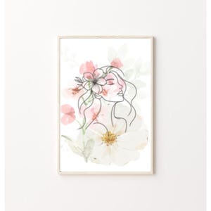 Blumenfrau Kunstdruck PNG, Boho Rosa Weiß Poster, minimalistische Wanddekoration, Serene Natur Kunst, Geschenk für Sie