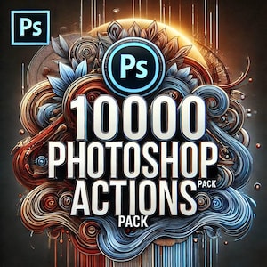 Op de afbeelding: Een kleurrijk grafisch ontwerp met de tekst "1000 Photoshop Actions Pack" in witte letters. Het ontwerp heeft een blauw en rood swirl-patroon met een gouden en bruin bloemenontwerp.