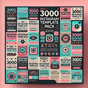 May include: A colorful graphic design featuring the text "3000 Instagram Template Pack" with a variety of colorful Instagram templates. The design includes a variety of graphics, including eyes, stars, and geometric shapes.