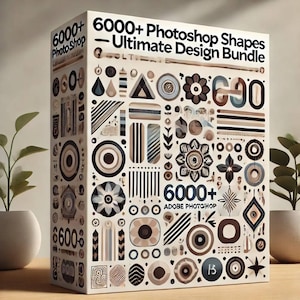 May include: A white box with a colourful pattern of geometric shapes and designs. The box is labelled "6000+ Photoshop Shapes - Ultimate Design Bundle".