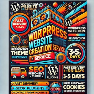 May include: A colorful illustration advertising WordPress website creation services. The image features a stylized speaker with the text "WordPress Website Creation Service" in bold, colorful letters. Other text includes "Fast Delivery 3-5 Days", "Responsive Theme", "SEO Responsive Theme", "GDPR Cookies", and "WordPress Webstion".
