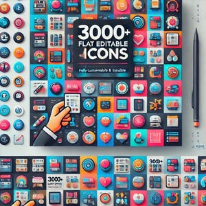 Puede incluir: Una colección de más de 3000 iconos planos, editables, en varios colores y diseños. Los iconos están dispuestos en una cuadrícula y presentan una variedad de temas, que incluyen tecnología, negocios y redes sociales. El texto "3000+ FLAT EDITABLE ICONS" se muestra en una fuente grande y en negrita en la parte superior de la imagen.