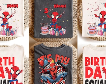 Camiseta de cumpleaños de Spider-Man con nombre personalizado para familia, camiseta de superhéroe para niño, cumpleaños personalizado para niño pequeño, divertida camiseta de fiesta de Spider-Man