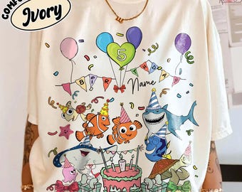 Personalized Name Age Finding Nemo Birthday Shirt, Custom Disney Nemo Dory Bruce Birthday Present Gift, Family Disney Birthday Outfits