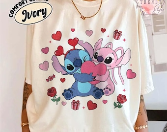 Camiseta de San Valentín de Stitch, linda camiseta de pareja de Stitch, regalo de San Valentín de Disney para parejas, camiseta de Stitch y corazón de ángel, día de San Valentín de Disney