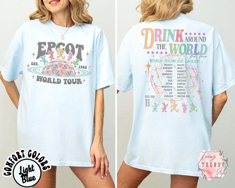 May include: Light blue t-shirt with "EPCOT World Tour" graphic on the front and "Drink Around The World" design on the back. The front graphic features a retro design with the EPCOT logo and the year 1982. The back lists countries.