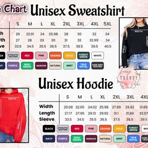 May include: Size chart for unisex sweatshirts and hoodies, displaying measurements for width, length, and sleeve length in inches. Includes color options like black, red, and navy, with sizes ranging from S to 5XL.