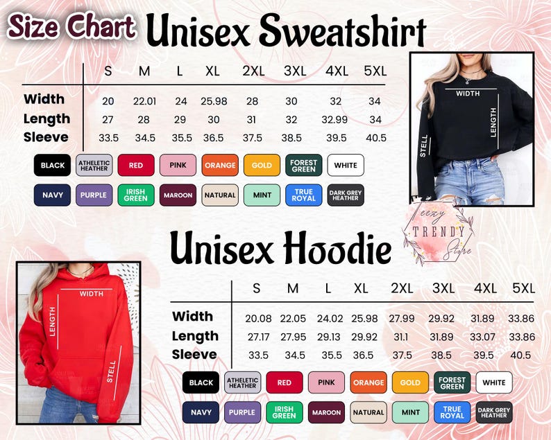 May include: Size chart for unisex sweatshirts and hoodies, displaying measurements for width, length, and sleeve length in inches. Includes color options like black, red, and navy, with sizes ranging from S to 5XL.