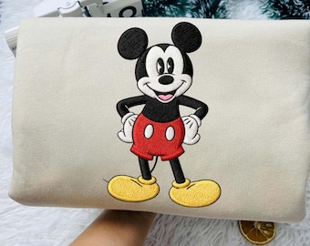 Sudadera bordada de Mickey Mouse, camiseta clásica con bordado de Disney, camiseta linda de Mickey, cuello redondo de viaje a Disney, regalo bordado