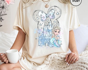 Camiseta retro del castillo de Elsa, camiseta vintage de princesas Disney, camiseta de fantasía de la Reina de Hielo, camiseta con dibujo de lazo de Minnie, bonito regalo del Reino Mágico