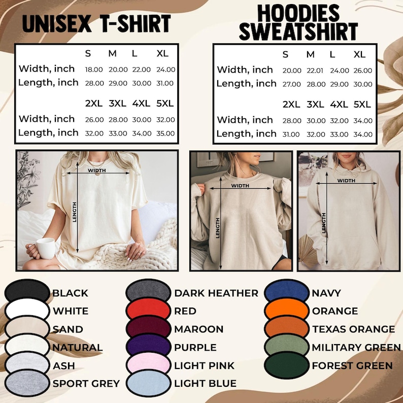 May include: Image showcasing a size chart for unisex t-shirts and hoodies/sweatshirts. The chart includes measurements in inches for width and length, ranging from sizes S to 5XL. Color options are also displayed.