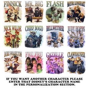 Puede incluir: Una colecci&oacute;n de im&aacute;genes de personajes de dibujos animados de la pel&iacute;cula Zootr&oacute;polis, incluyendo Finnick, Mr. Big, Flash, Mayor Lionheart, Nick Wilde, Chief Bogo, Bellwether, Judy Hopps, Duke Weaselton, Fru Fru, Gazelle y Clawhauser. Texto abajo.